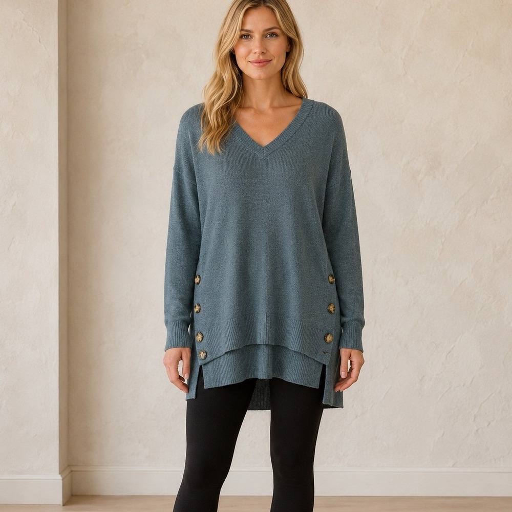 Tahari Womens V-Neck Tunic Sweater Teal Blue Side Button High-Low Knit Small